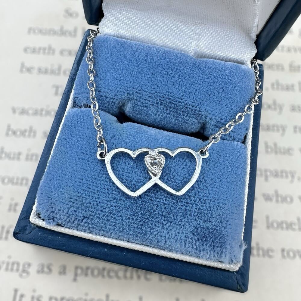 Sterling Silver Sweetheart Necklace Marvel Hearts Midcentury Diamond 925 16”